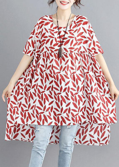 Red Print Linen Cotton O Neck Asymmetric Summer Dress