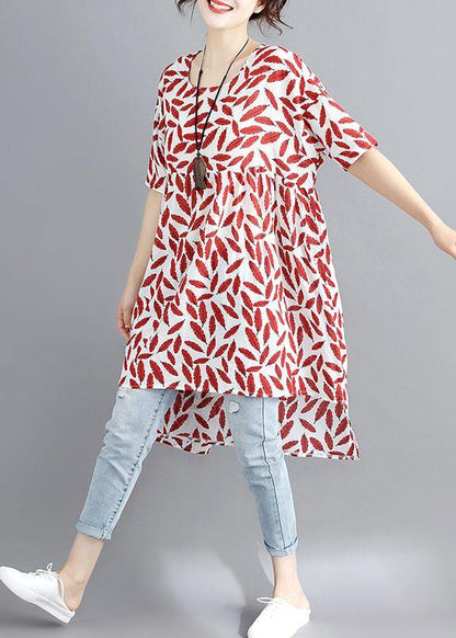 Red Print Linen Cotton O Neck Asymmetric Summer Dress