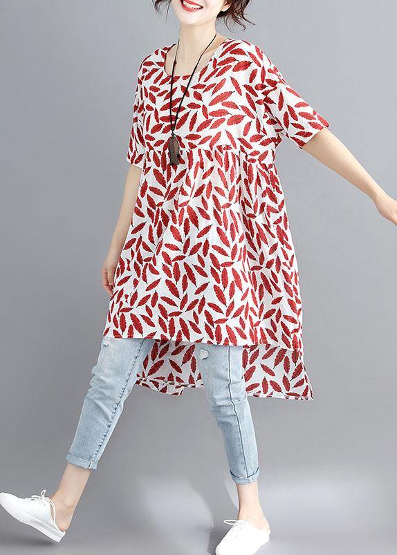 Red Print Linen Cotton O Neck Asymmetric Summer Dress