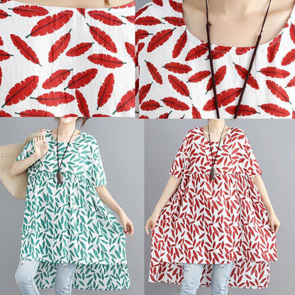 Red Print Linen Cotton O Neck Asymmetric Summer Dress