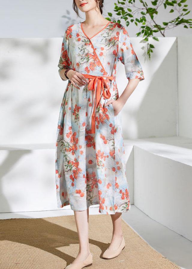 Red Print Linen Dress V Neck Tie Waist Loose Dress