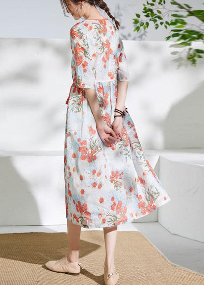 Red Print Linen Dress V Neck Tie Waist Loose Dress