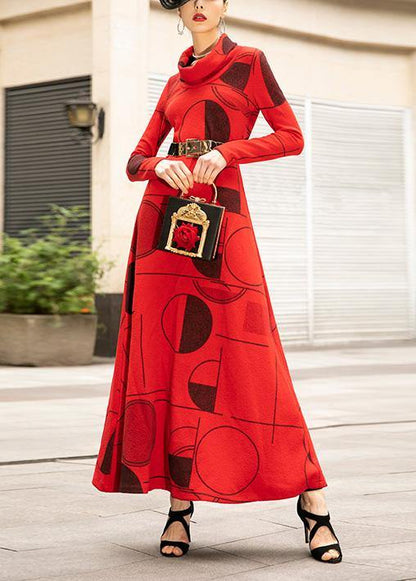 Red Prints Cotton Clothes for High Neck Art Big Hem Dress