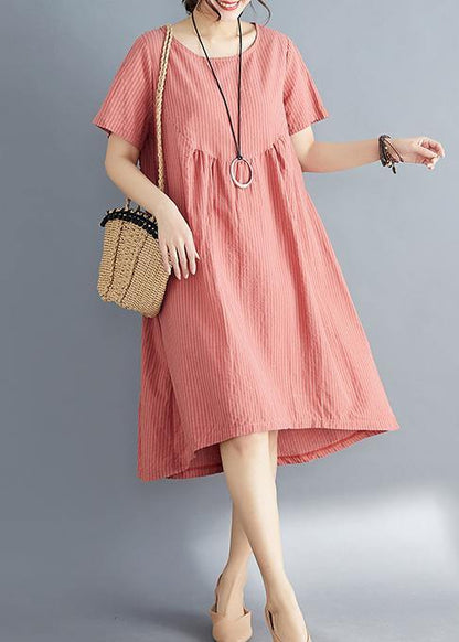 Red Striped Cotton Clothes Stylish O Neck Asymmetric Tunic Summer Dress
