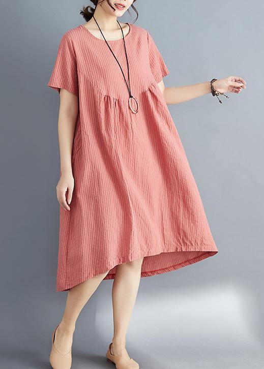 Red Striped Cotton Clothes Stylish O Neck Asymmetric Tunic Summer Dress