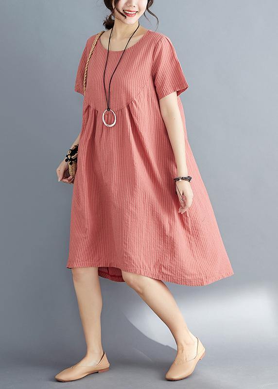 Red Striped Cotton Clothes Stylish O Neck Asymmetric Tunic Summer Dress