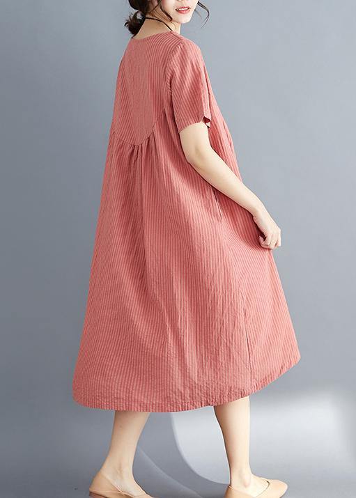 Red Striped Cotton Clothes Stylish O Neck Asymmetric Tunic Summer Dress