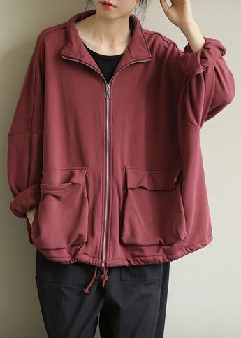 Red Fine Coat for Woman Design Stand Collar Zippered Outwears