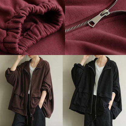 Red Fine Coat for Woman Design Stand Collar Zippered Outwears