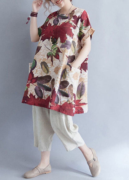Retro O-neck Print Loose Fall Top Short Sleeve