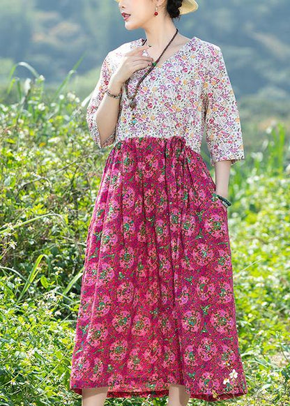 Rose Cotton Quilting Dresses V Neck Art Summer Dresses
