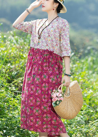 Rose Cotton Quilting Dresses V Neck Art Summer Dresses