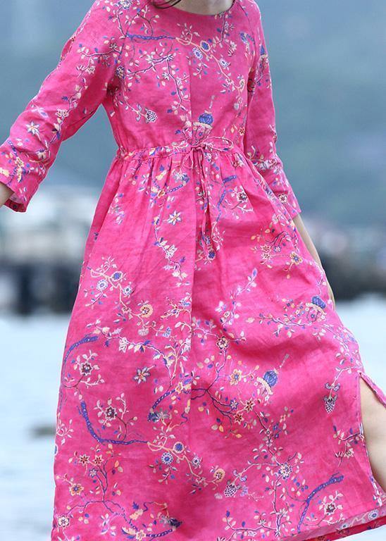 Rose Linen Long Shirts Drawstring Long Prints Dress