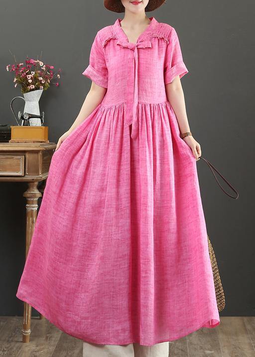 Rose Linen Cotton Clothes for V Neck Bow Art Summer Dress