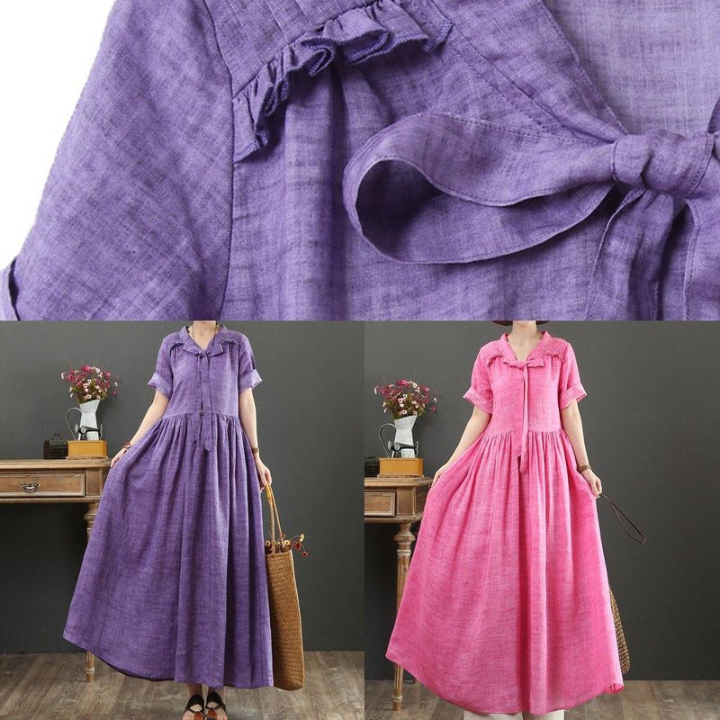 Rose Linen Cotton Clothes for V Neck Bow Art Summer Dress
