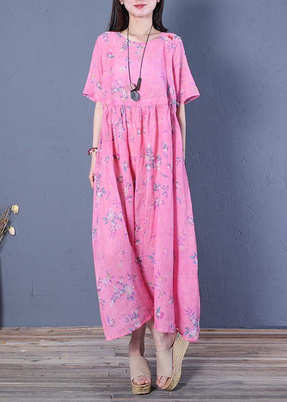 Rose Print Chiffon Robes O Neck Cinched Maxi Dresses