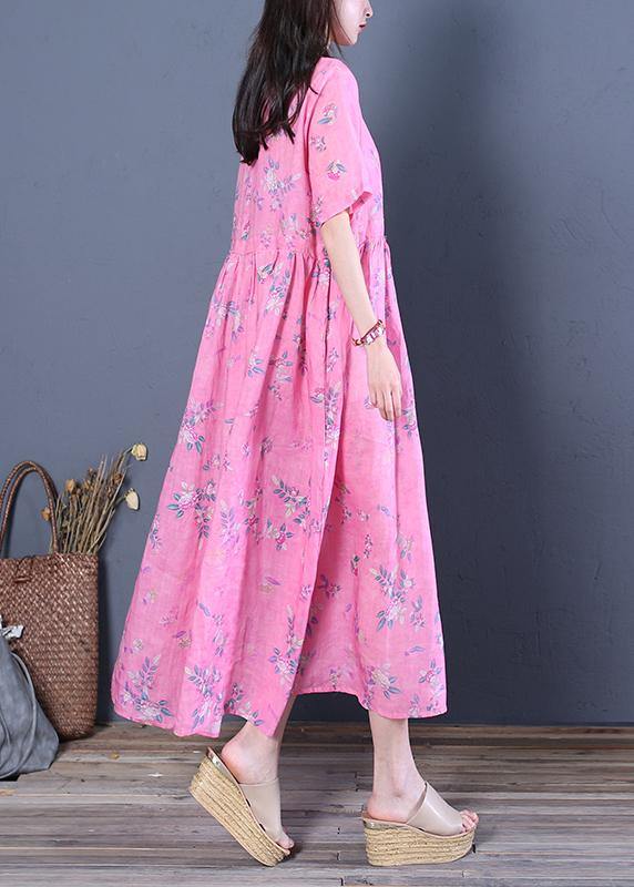 Rose Print Chiffon Robes O Neck Cinched Maxi Dresses