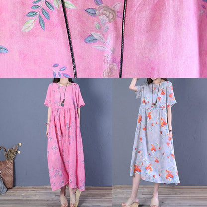 Rose Print Chiffon Robes O Neck Cinched Maxi Dresses