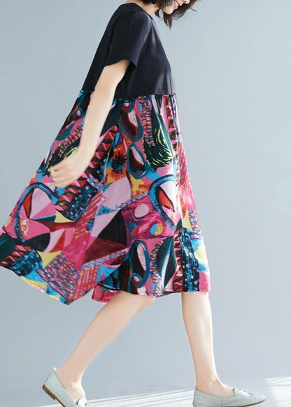 Rose Prints Linen Clothes Chiffon O-neck Oversized Summer Dress