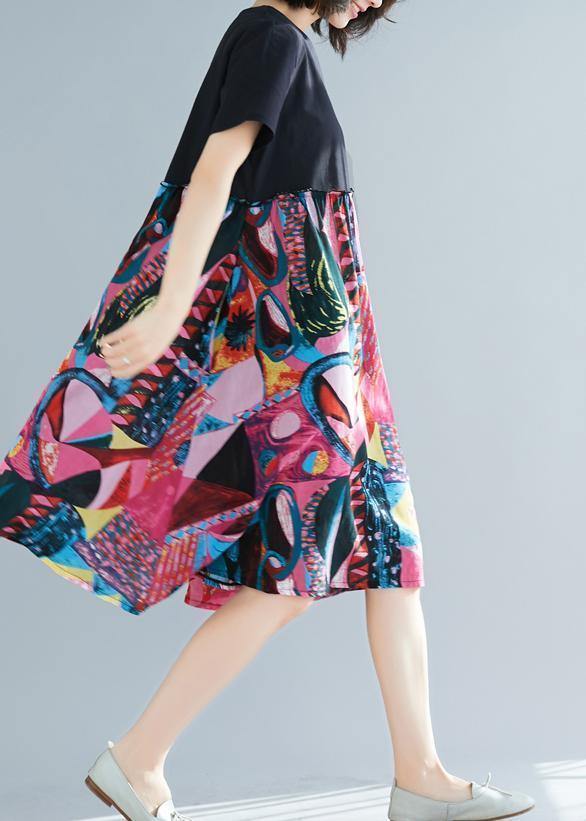 Rose Prints Linen Clothes Chiffon O-neck Oversized Summer Dress