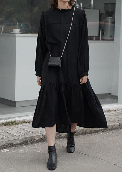 Ruffles Cotton Stand Collar Tunics for Photography Black Loose Dress