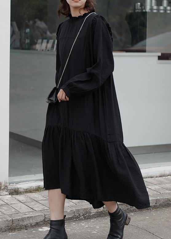 Ruffles Cotton Stand Collar Tunics for Photography Black Loose Dress