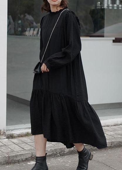 Ruffles Cotton Stand Collar Tunics for Photography Black Loose Dress