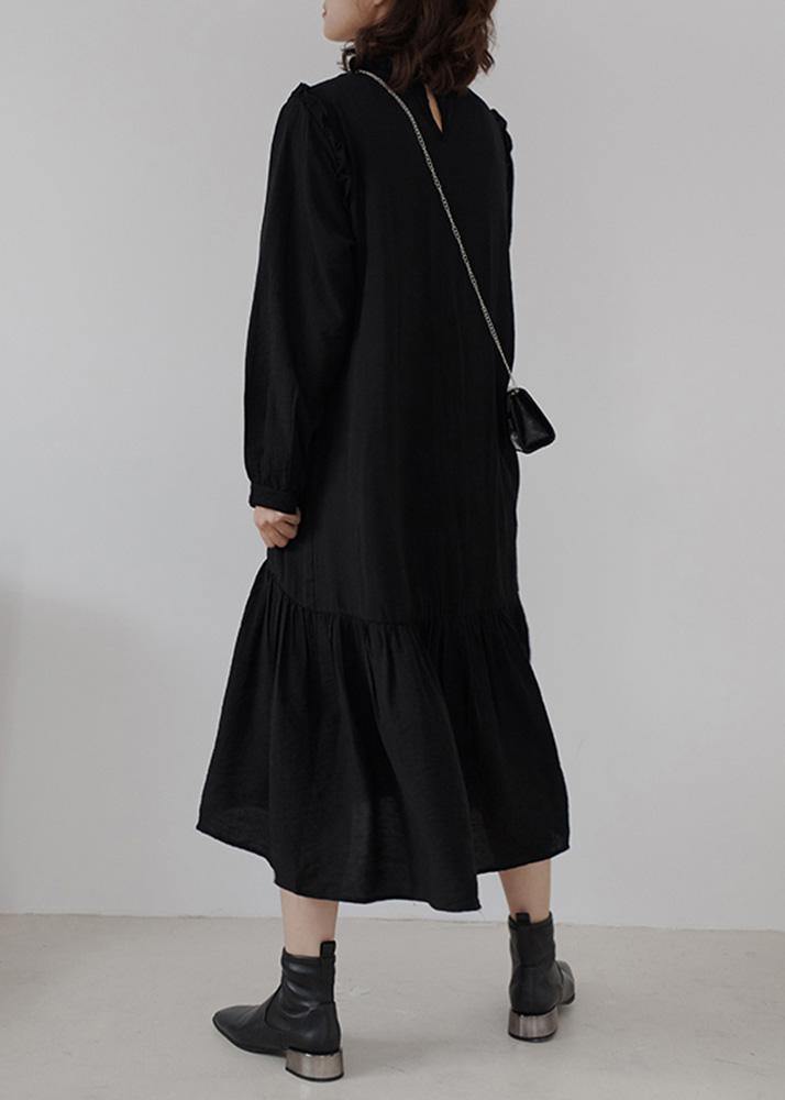 Ruffles Cotton Stand Collar Tunics for Photography Black Loose Dress
