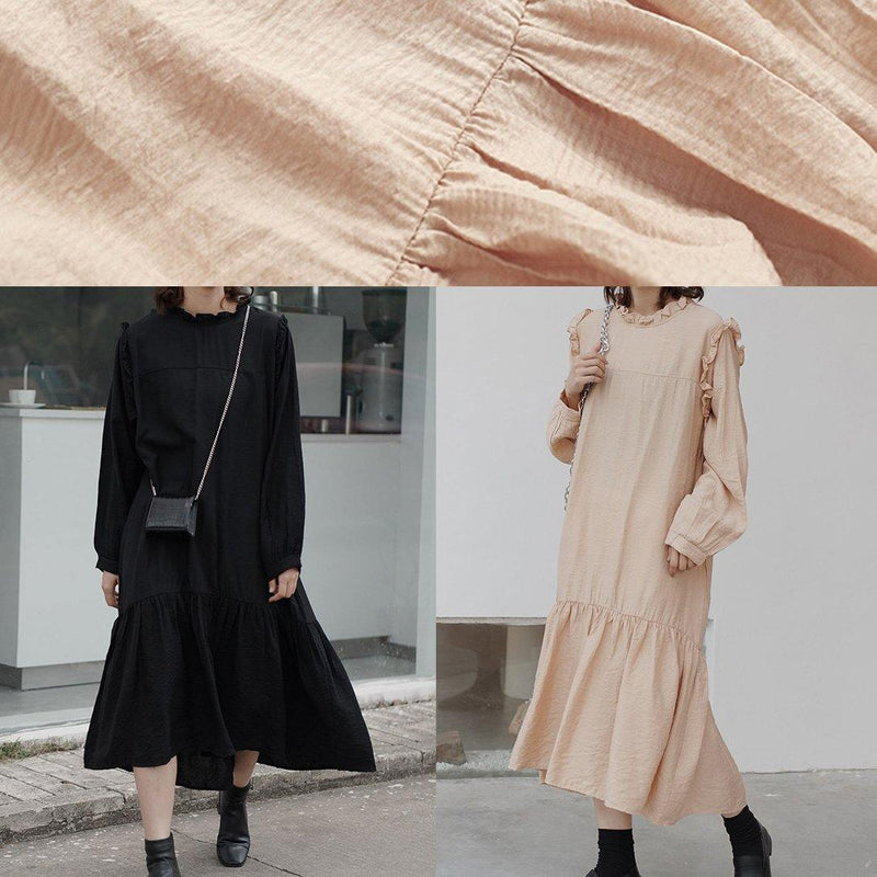 Ruffles Cotton Stand Collar Tunics for Photography Black Loose Dress