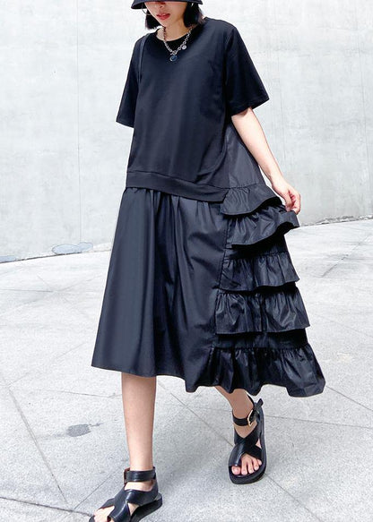 Ruffles Cotton Summer Outfit Work Black Patchwork Cotton Dresses