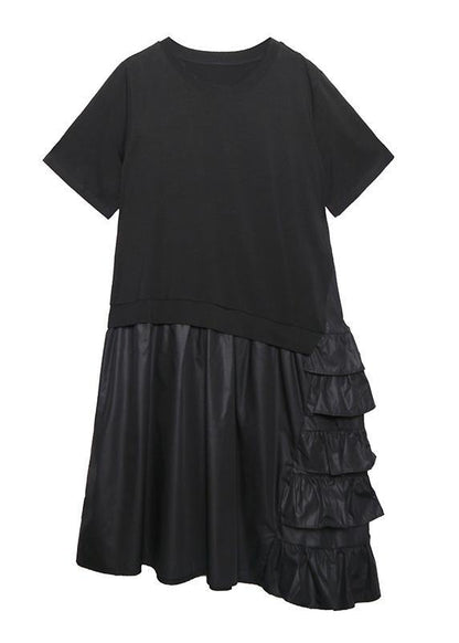 Ruffles Cotton Summer Outfit Work Black Patchwork Cotton Dresses