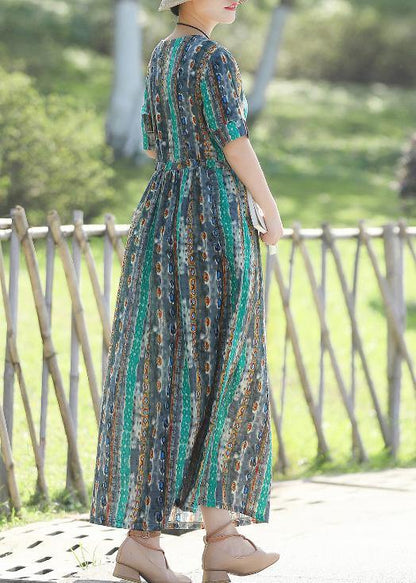 Short Sleeve Linen Prints Dresses Pattern Green Traveling Dress Summer