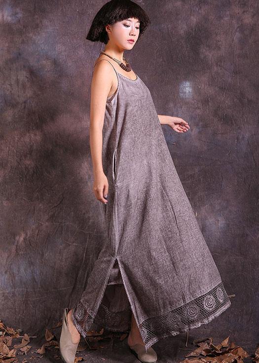 Side Open Linen Dress Fabrics Khaki Sleeveless Dresses Summer