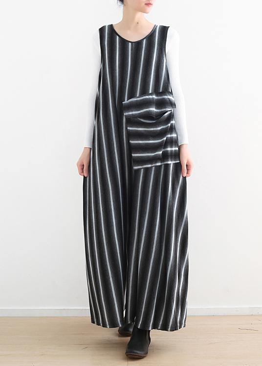 Sleeveless Big Pockets Cotton Quilting Pants Sleeveless Black Striped Jumpsuit Pants Summer