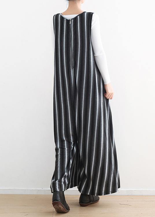 Sleeveless Big Pockets Cotton Quilting Pants Sleeveless Black Striped Jumpsuit Pants Summer