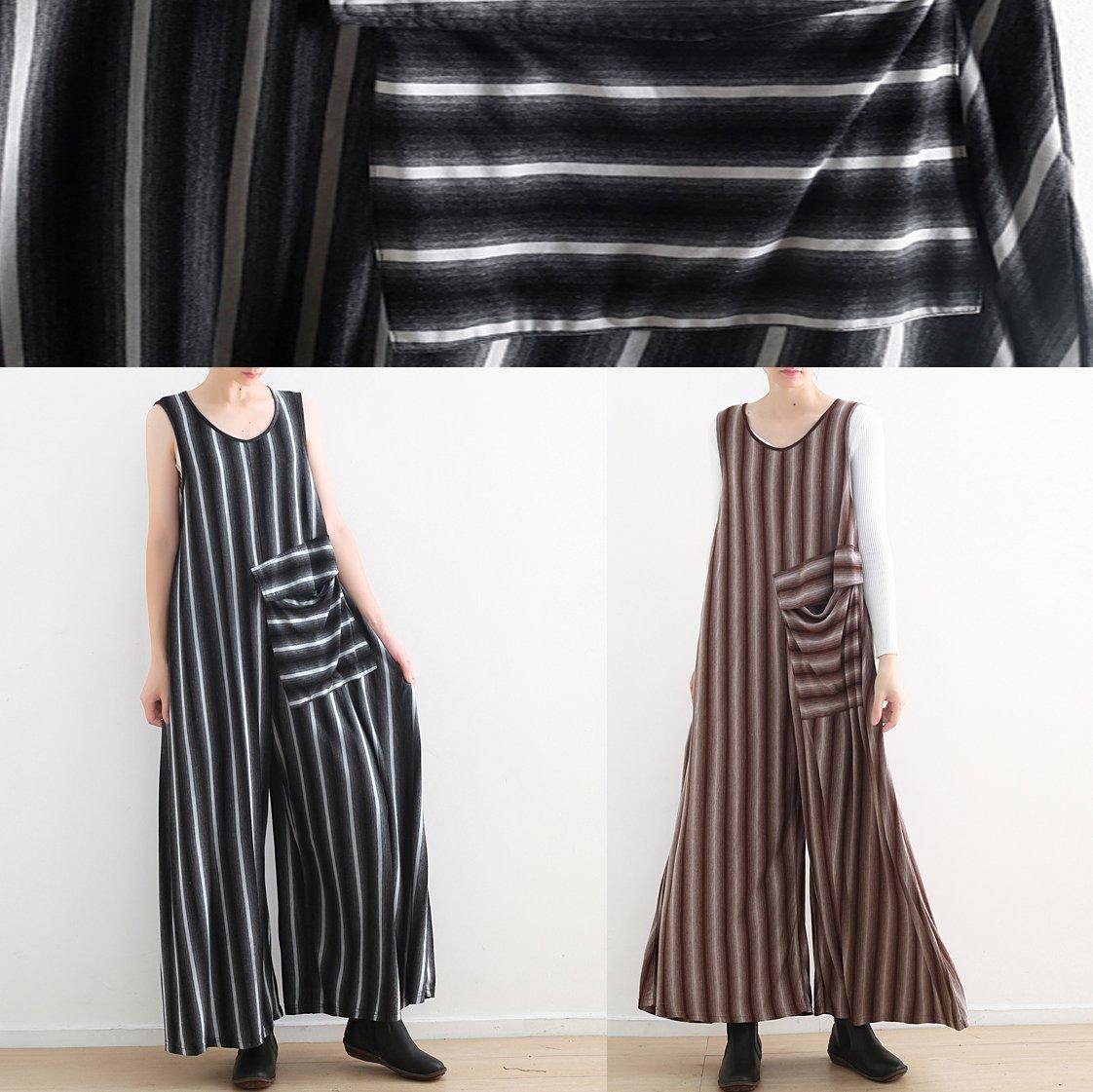 Sleeveless Big Pockets Cotton Quilting Pants Sleeveless Black Striped Jumpsuit Pants Summer