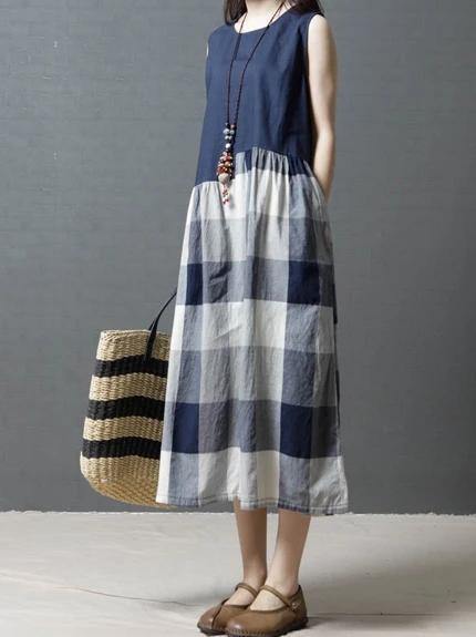 Sleeveless Linen Clothes for Wardrobes Blue Patchwork Plaid Dresses