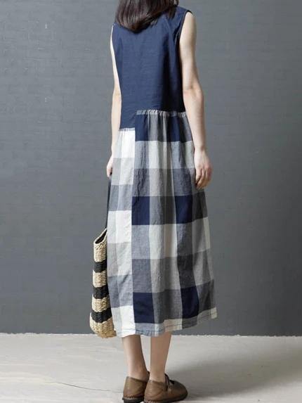Sleeveless Linen Clothes for Wardrobes Blue Patchwork Plaid Dresses