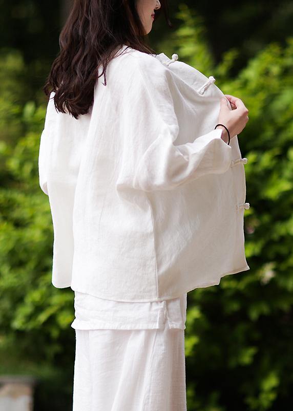Stand Collar Chinese Button Cotton Blouse White Silhouette Blouse