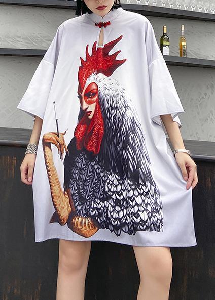 Stand Collar Cotton Summerclothes Sleeve White Print Dress
