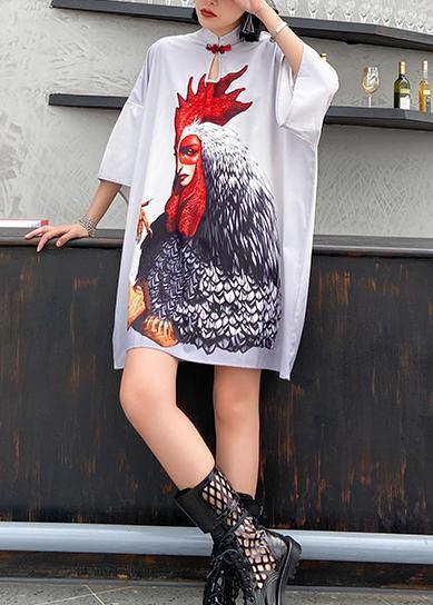 Stand Collar Cotton Summerclothes Sleeve White Print Dress