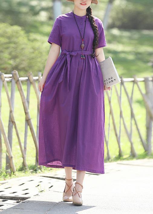 Stand Collar Cotton Dresses Linen Purple Dresses Summer