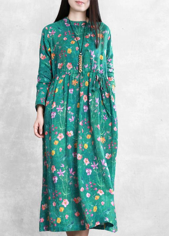 Stand Collar Drawstring Linen Clothes Online Shopping Green Print Dress