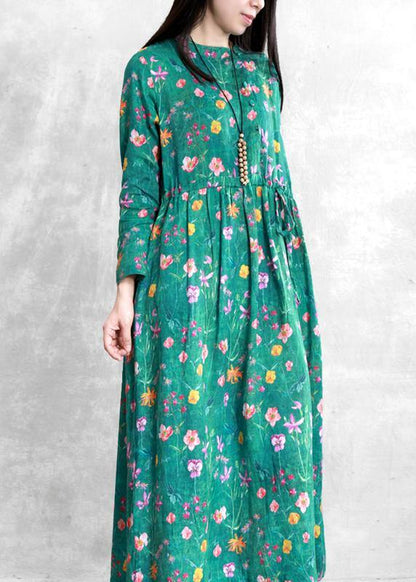 Stand Collar Drawstring Linen Clothes Online Shopping Green Print Dress
