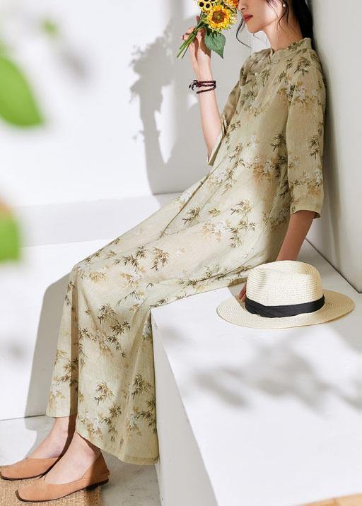 Stand Collar Half Sleeve Linen Dress Fabrics Light Yellow Print Dress