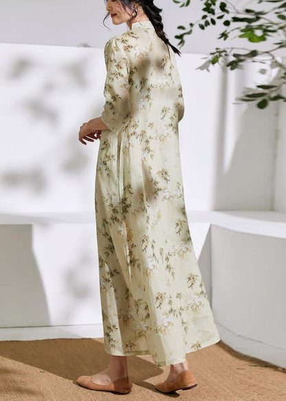 Stand Collar Half Sleeve Linen Dress Fabrics Light Yellow Print Dress