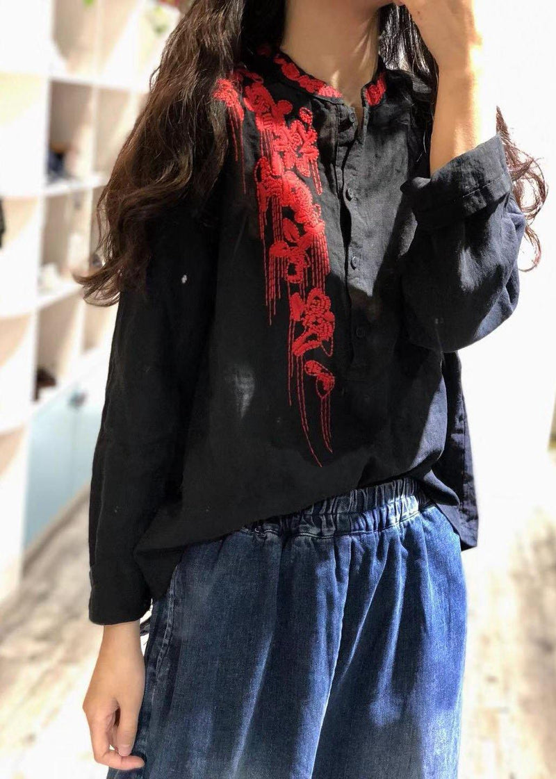 Stand Collar Linen Clothes Shape Black Embroidery Tops Fall