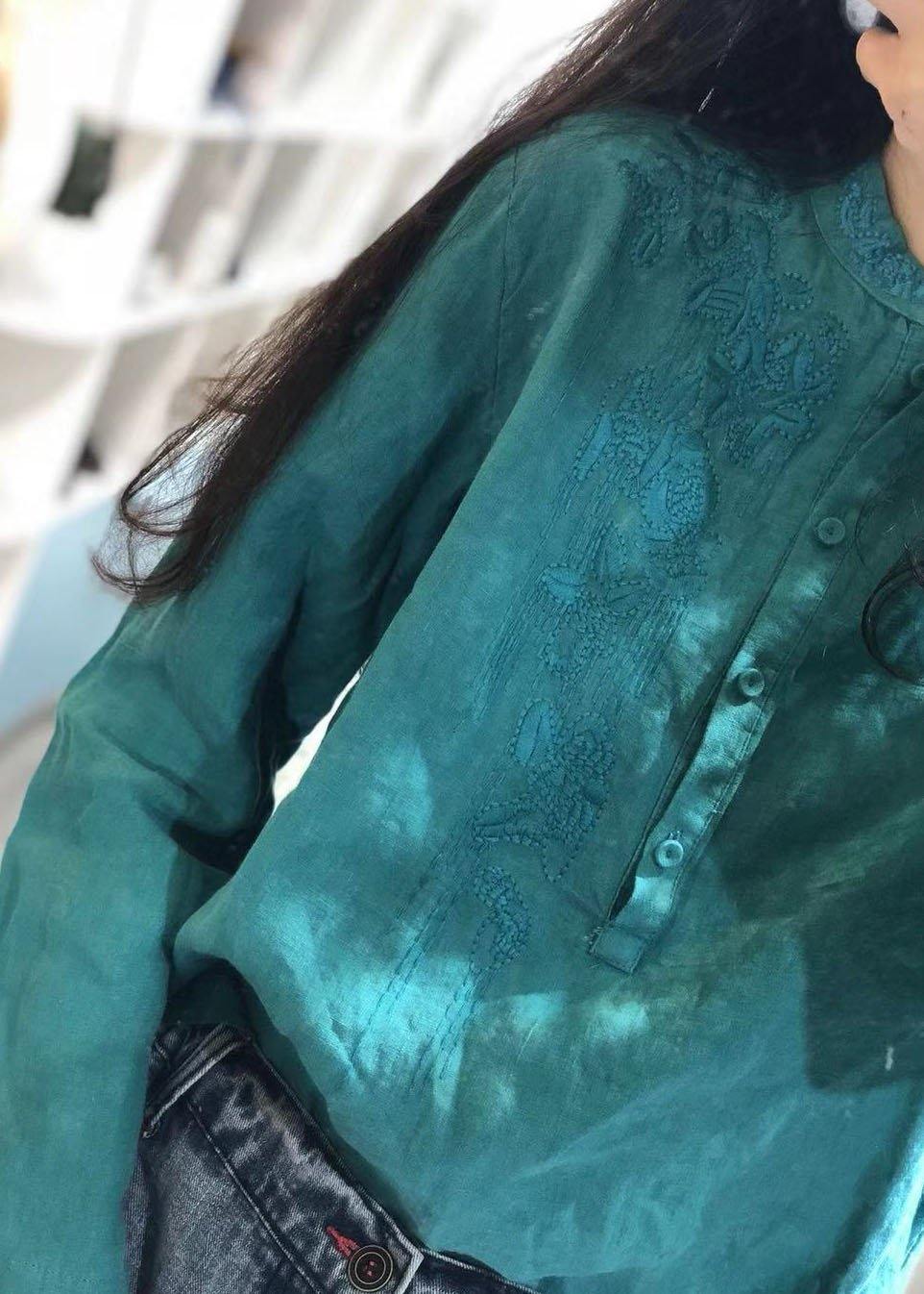 Women stand collar linen clothes Shape black embroidery tops fall