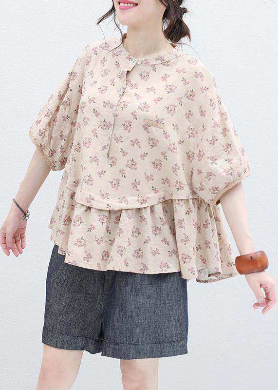 Stand Collar Nude Prints Linen Top Silhouette Design Half Sleeve Blouses Summer