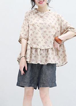 Stand Collar Nude Prints Linen Top Silhouette Design Half Sleeve Blouses Summer